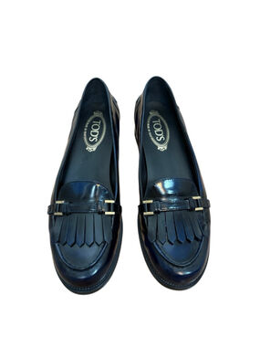 TOD’S Kiltie Fringe Driving Loafers Navy Blue Leather Slip On Flats Women’s 40.5